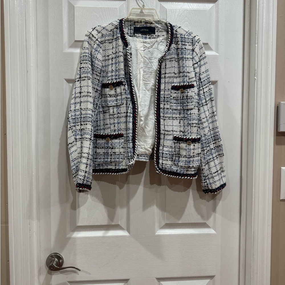 Zara White & Navy Tweed Cropped Blazer